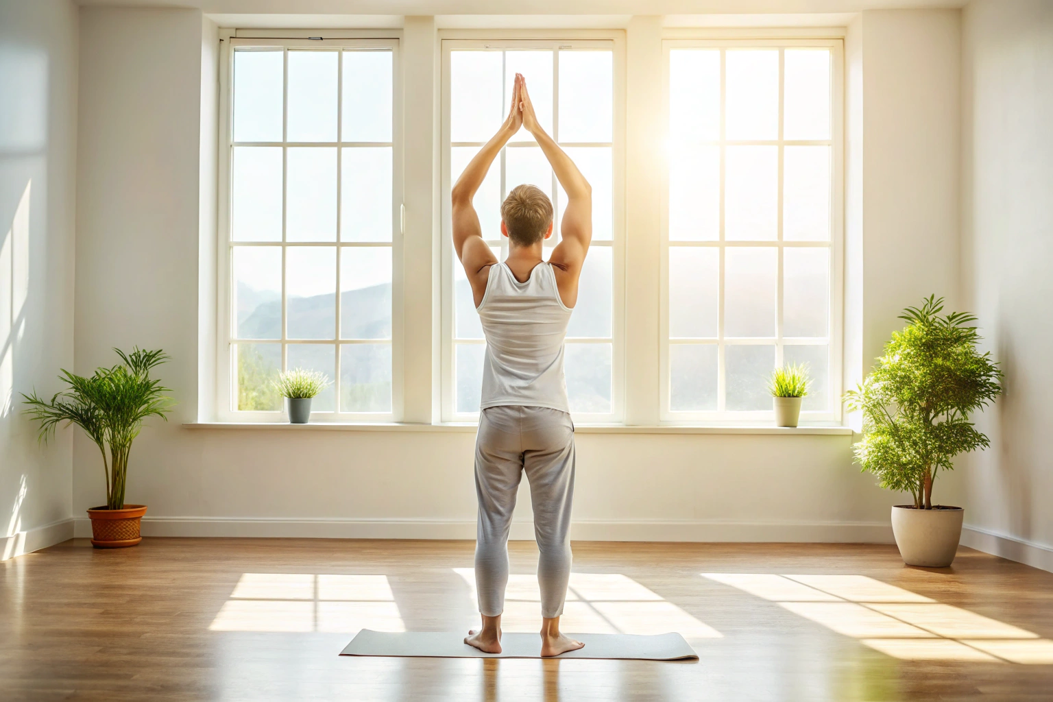 Eine Person in einer neutralen Yoga-Pose wie dem Berg, stehend in einem hellen Raum mit natürlichem Licht, die Hände über dem Kopf, in entspannter Haltung, ohne erkennbare Markierungen oder Text