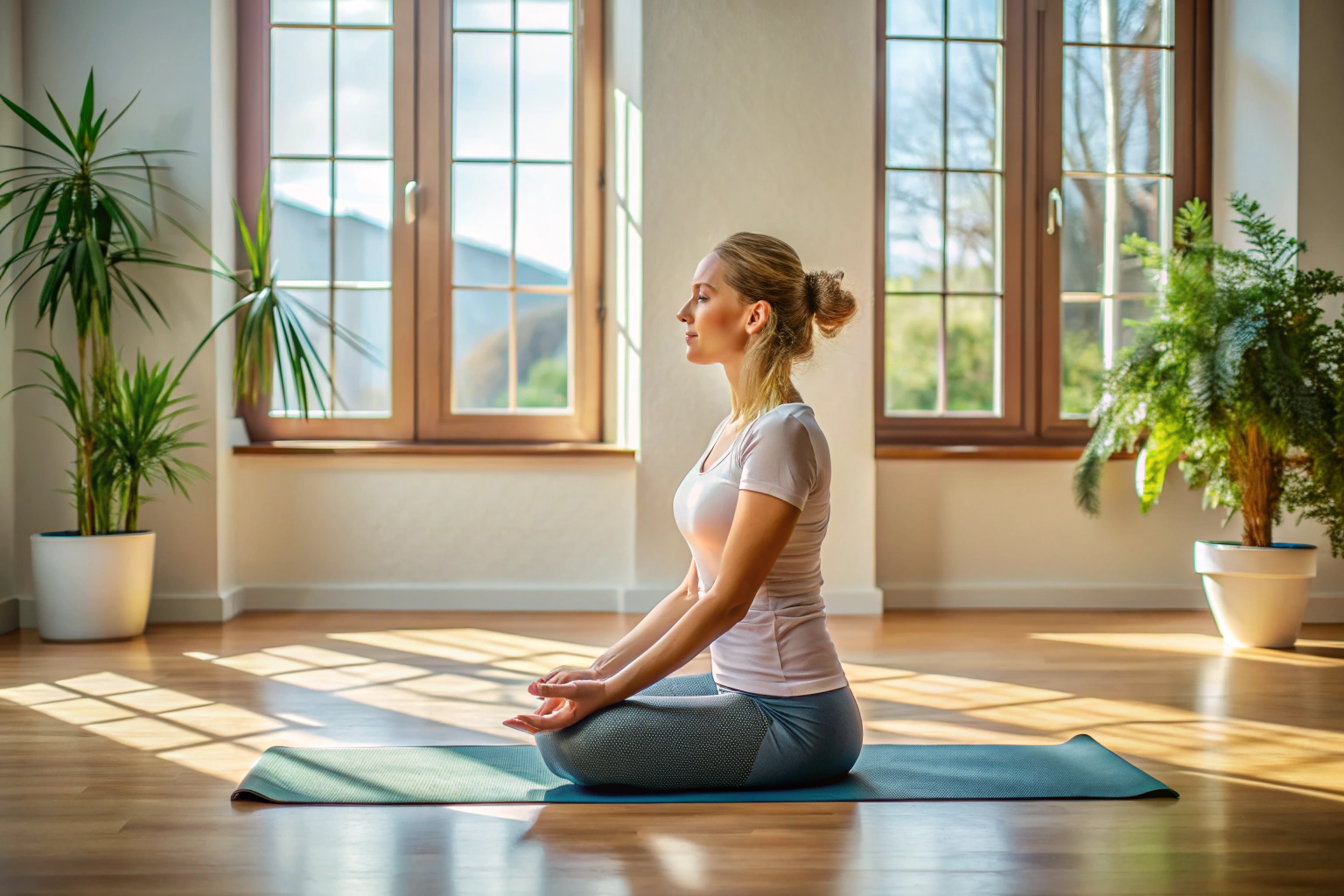 Eine Person in einer entspannten Yoga-Position auf einer Matte in einem ruhigen Raum mit natürlichem Licht
