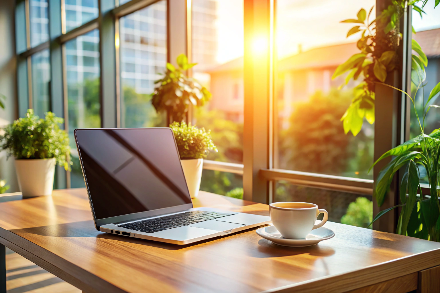 Ein moderner Schreibtisch mit einem geöffneten Laptop, einer Tasse Kaffee daneben und sanftem Tageslicht, das durch ein Fenster fällt, was eine einladende und produktive Atmosphäre schafft